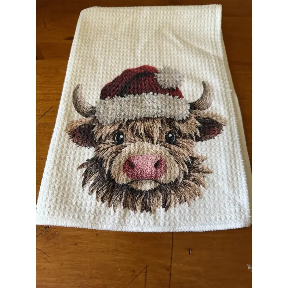 Highland Cow Christmas Kitchen Towel & Ornament Bundle Farmhouse Holiday Decor